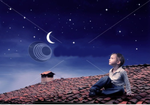 stock-photo-child-sitting-on-a-rooftop-and-looking-at-the-moon-50973322